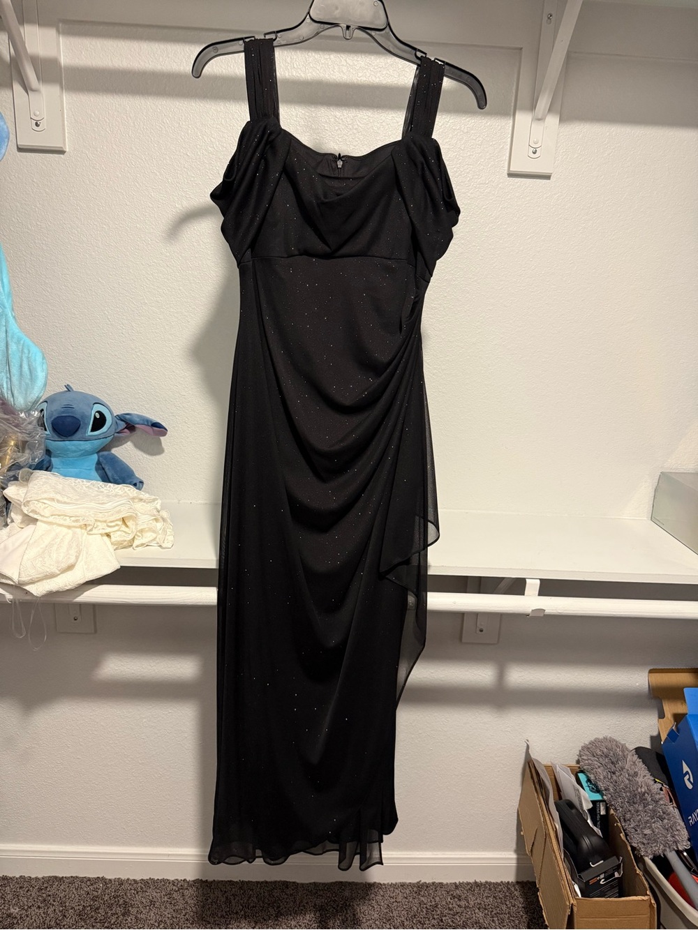 Alex Evenings Black Sparkle Maxi Dress with Draped Overlay